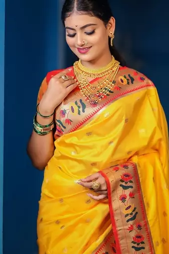 yellow color weaving paithani gold copper zari weaving meenakari  border saree