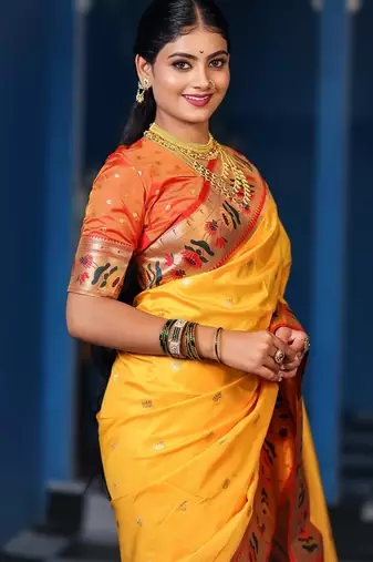 yellow color weaving paithani gold copper zari weaving meenakari  border saree