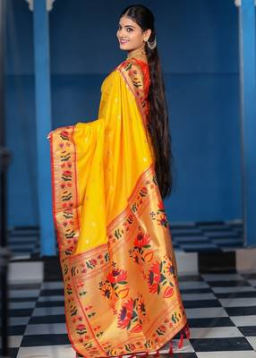 yellow weaving paithani gold copper zari weaving meenakari border saree 4