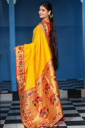 yellow color weaving paithani gold copper zari weaving meenakari  border saree