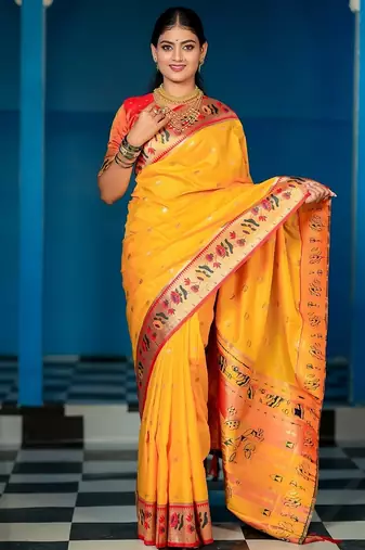 yellow color weaving paithani gold copper zari weaving meenakari  border saree