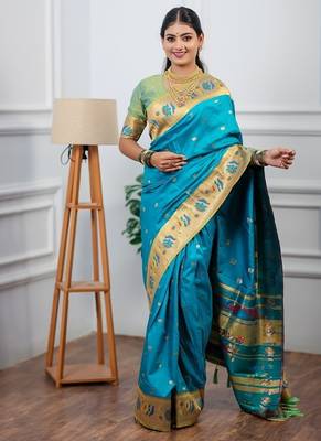 sky blue color weaving paithani gold copper zari weaving meenakari  border saree 1