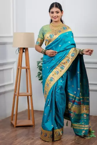 sky blue color weaving paithani gold copper zari weaving meenakari  border saree