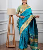 sky blue color weaving paithani gold copper zari weaving meenakari  border saree