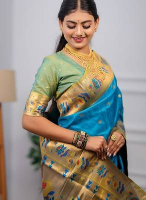 sky blue color weaving paithani gold copper zari weaving meenakari  border saree 2