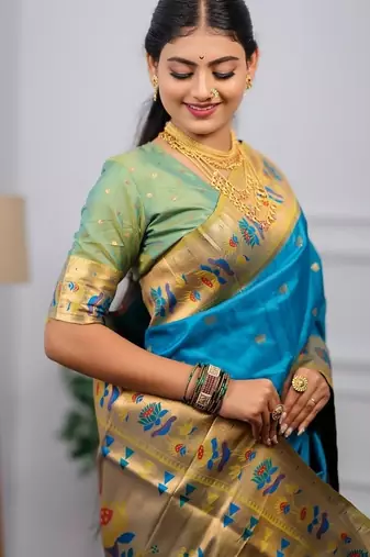 sky blue color weaving paithani gold copper zari weaving meenakari  border saree
