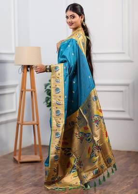 sky blue color weaving paithani gold copper zari weaving meenakari  border saree 4