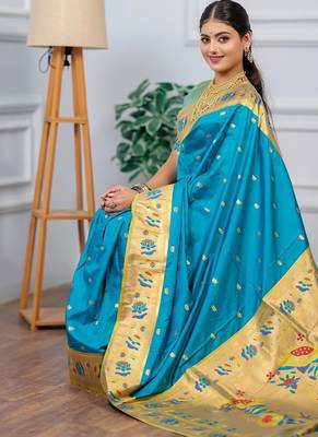 sky blue color weaving paithani gold copper zari weaving meenakari  border saree 5