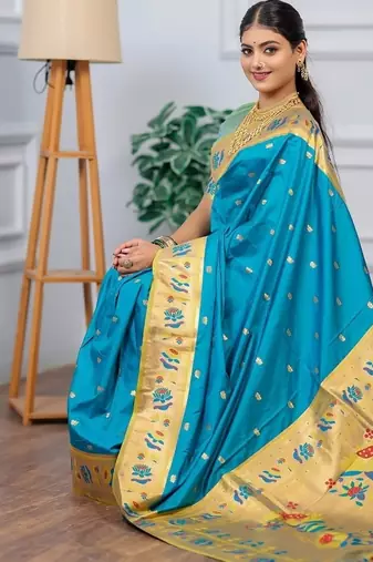 sky blue color weaving paithani gold copper zari weaving meenakari  border saree