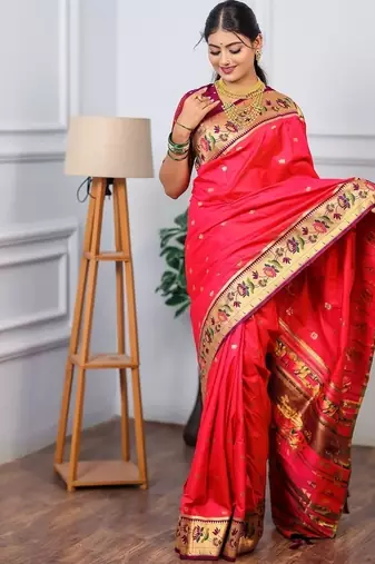 pink color weaving paithani gold copper zari weaving meenakari  border saree
