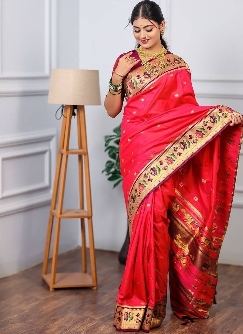 pink color weaving paithani gold copper zari weaving meenakari  border saree