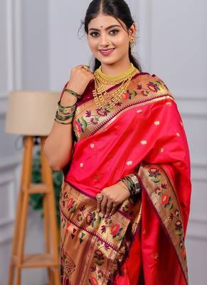pink color weaving paithani gold copper zari weaving meenakari  border saree 2