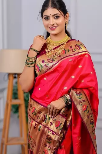 pink color weaving paithani gold copper zari weaving meenakari  border saree