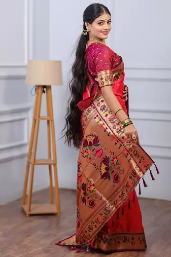 pink color weaving paithani gold copper zari weaving meenakari  border saree
