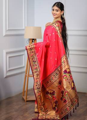 pink color weaving paithani gold copper zari weaving meenakari  border saree 4