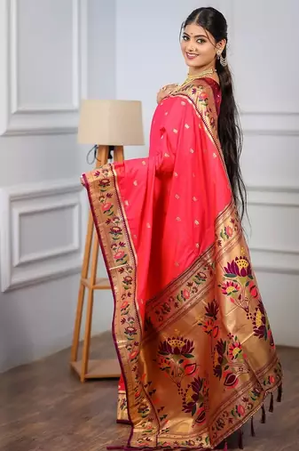 pink color weaving paithani gold copper zari weaving meenakari  border saree