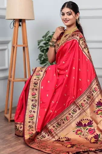 pink color weaving paithani gold copper zari weaving meenakari  border saree