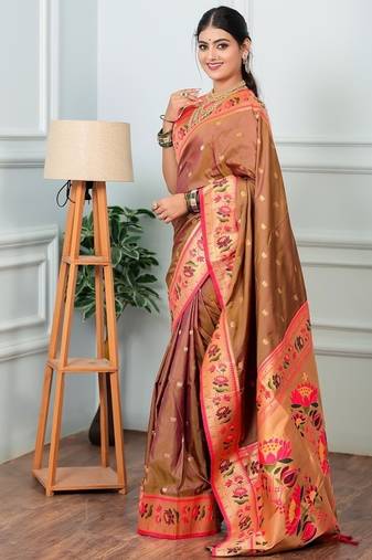 beige color weaving paithani gold copper zari weaving meenakari  border saree