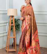 beige color weaving paithani gold copper zari weaving meenakari  border saree