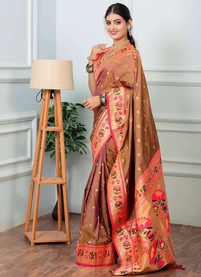 beige color weaving paithani gold copper zari weaving meenakari  border saree