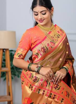 beige color weaving paithani gold copper zari weaving meenakari  border saree 2