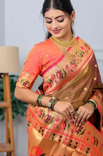 beige color weaving paithani gold copper zari weaving meenakari  border saree