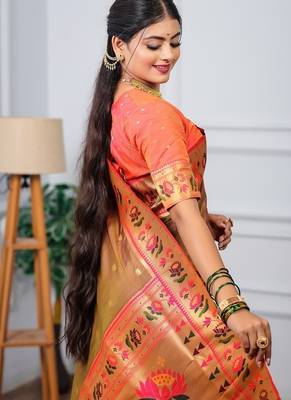 beige color weaving paithani gold copper zari weaving meenakari  border saree 3
