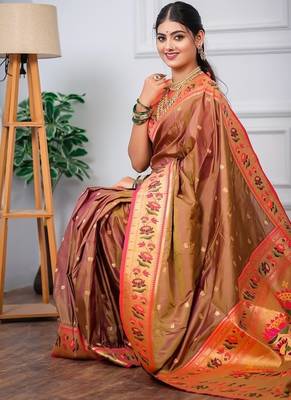 beige color weaving paithani gold copper zari weaving meenakari  border saree 4