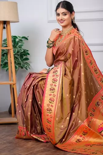 beige color weaving paithani gold copper zari weaving meenakari  border saree