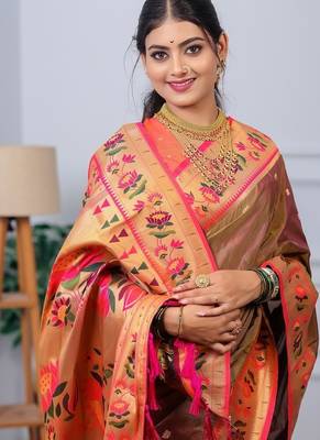 beige color weaving paithani gold copper zari weaving meenakari  border saree 5