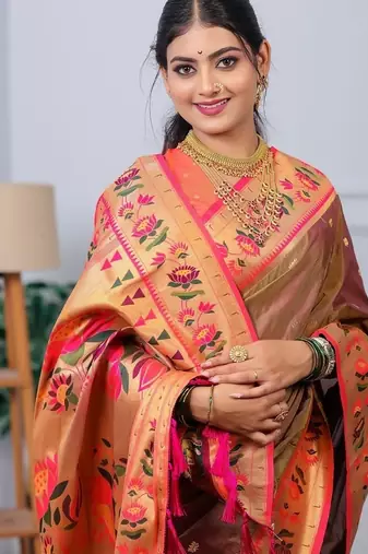 beige color weaving paithani gold copper zari weaving meenakari  border saree