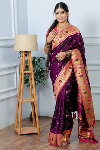 purple color weaving paithani gold copper zari weaving meenakari  border saree