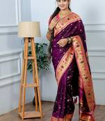 purple color weaving paithani gold copper zari weaving meenakari  border saree