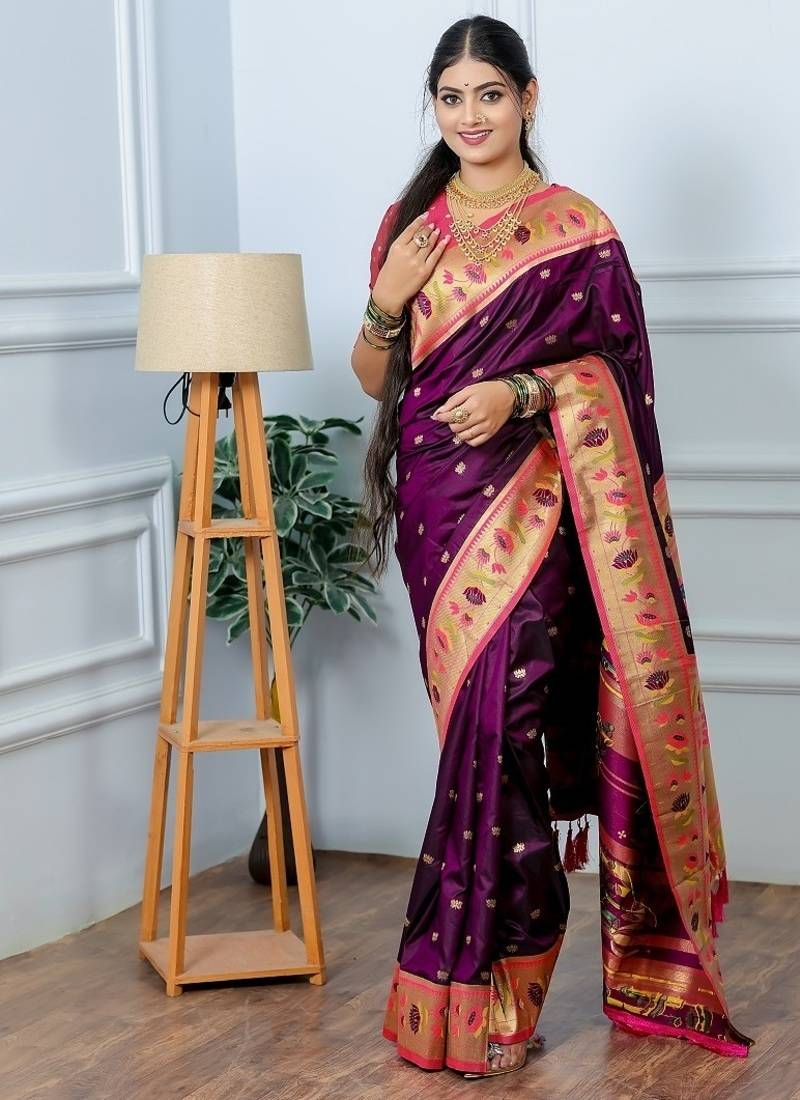purple color weaving paithani gold copper zari weaving meenakari  border saree