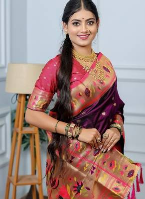 purple color weaving paithani gold copper zari weaving meenakari  border saree 2
