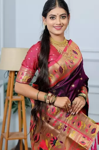 purple color weaving paithani gold copper zari weaving meenakari  border saree