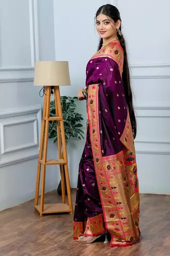 purple color weaving paithani gold copper zari weaving meenakari  border saree