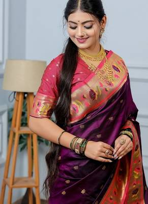 purple color weaving paithani gold copper zari weaving meenakari  border saree 4
