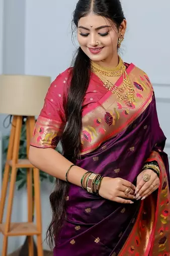 purple color weaving paithani gold copper zari weaving meenakari  border saree
