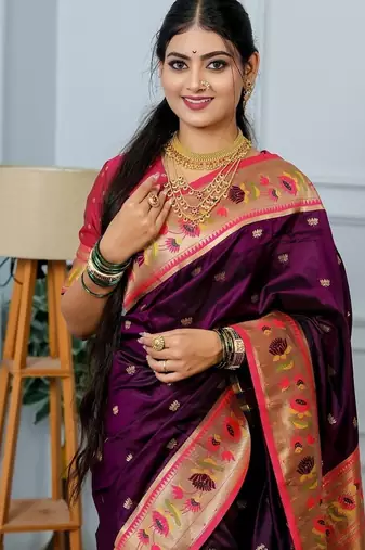 purple color weaving paithani gold copper zari weaving meenakari  border saree