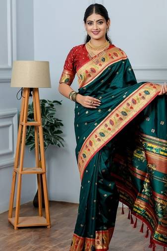 green color weaving paithani gold copper zari weaving meenakari  border saree