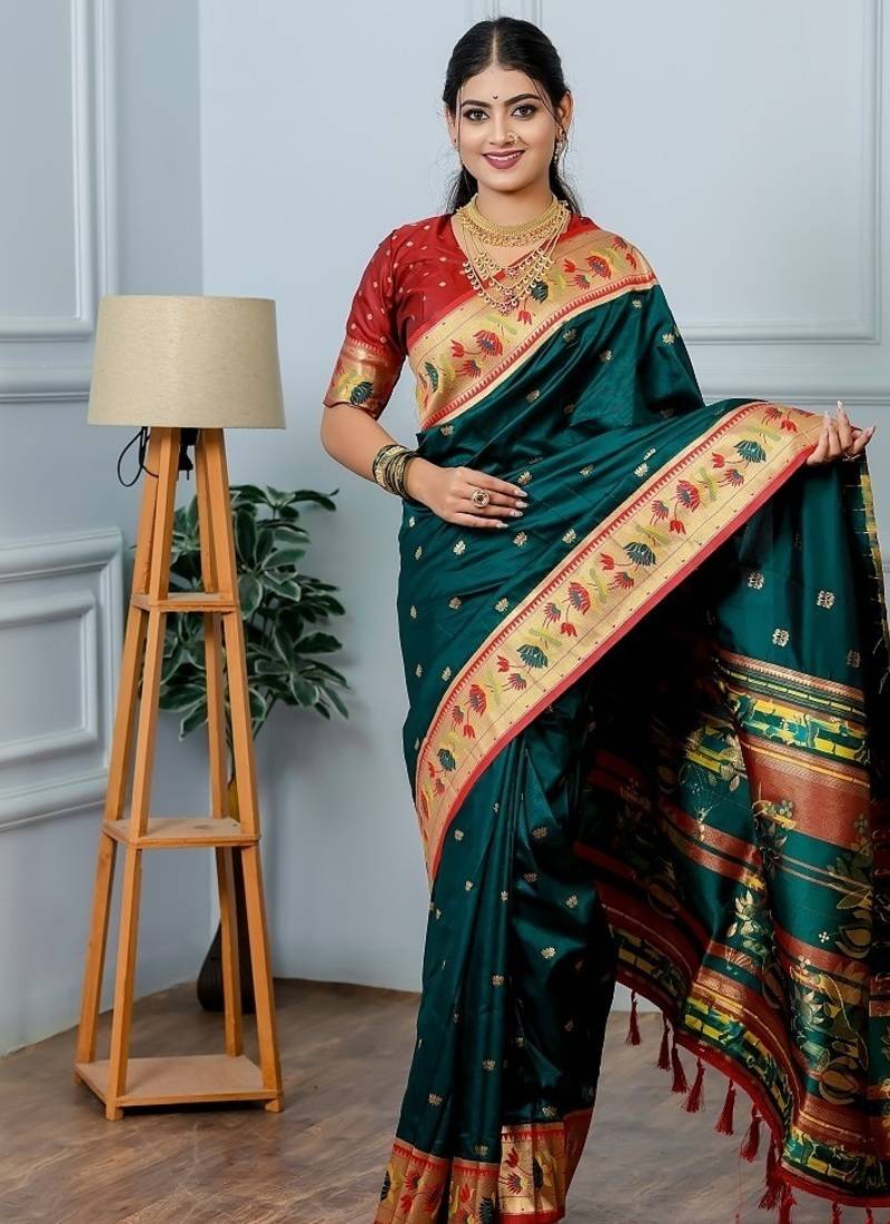 green color weaving paithani gold copper zari weaving meenakari  border saree