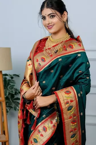 green color weaving paithani gold copper zari weaving meenakari  border saree