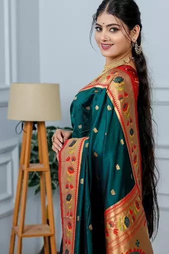 green color weaving paithani gold copper zari weaving meenakari  border saree