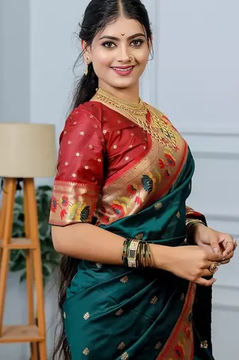 green color weaving paithani gold copper zari weaving meenakari  border saree