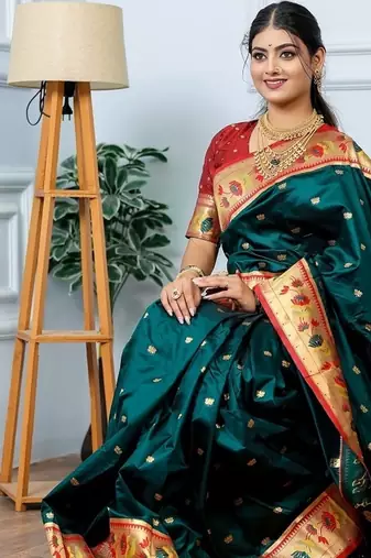green color weaving paithani gold copper zari weaving meenakari  border saree