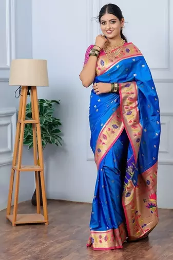 blue color weaving paithani gold copper zari weaving meenakari  border saree
