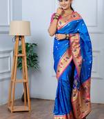 blue color weaving paithani gold copper zari weaving meenakari  border saree