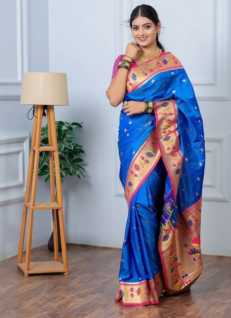 blue color weaving paithani gold copper zari weaving meenakari  border saree