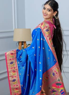 blue color weaving paithani gold copper zari weaving meenakari  border saree 2